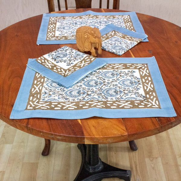 Canvas Table Mat with Napkin Grey Brown Leaf Jaal Block Print (6649406914659)