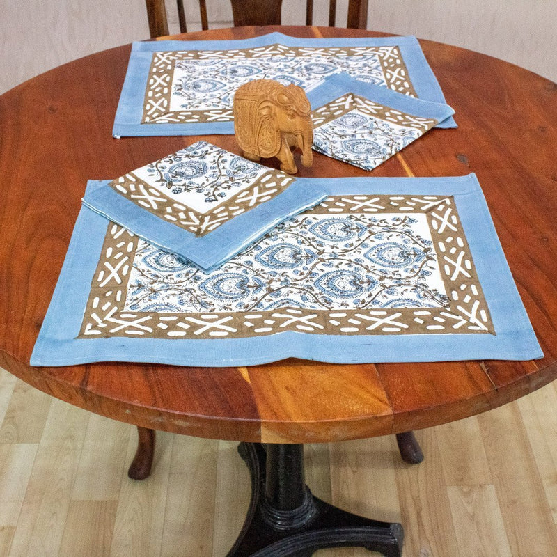 Canvas Table Mat with Napkin Grey Brown Leaf Jaal Block Print (6649406914659)