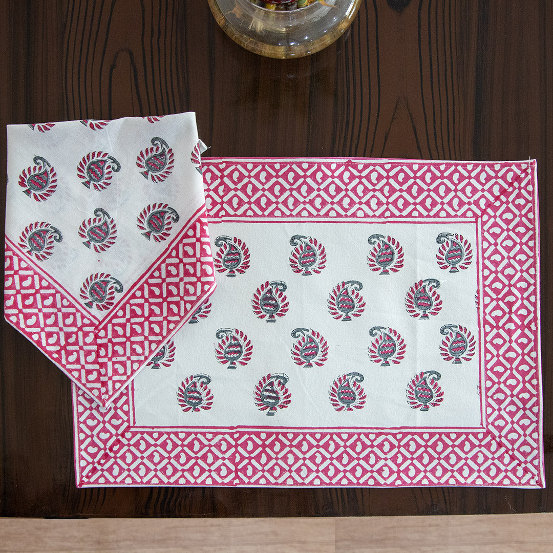 Canvas Table Mat and Napkin Pink Green Leaf Block Print (6692713988195)