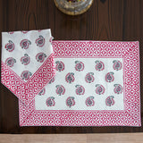 Canvas Table Mat and Napkin Pink Green Leaf Block Print (6692713988195)