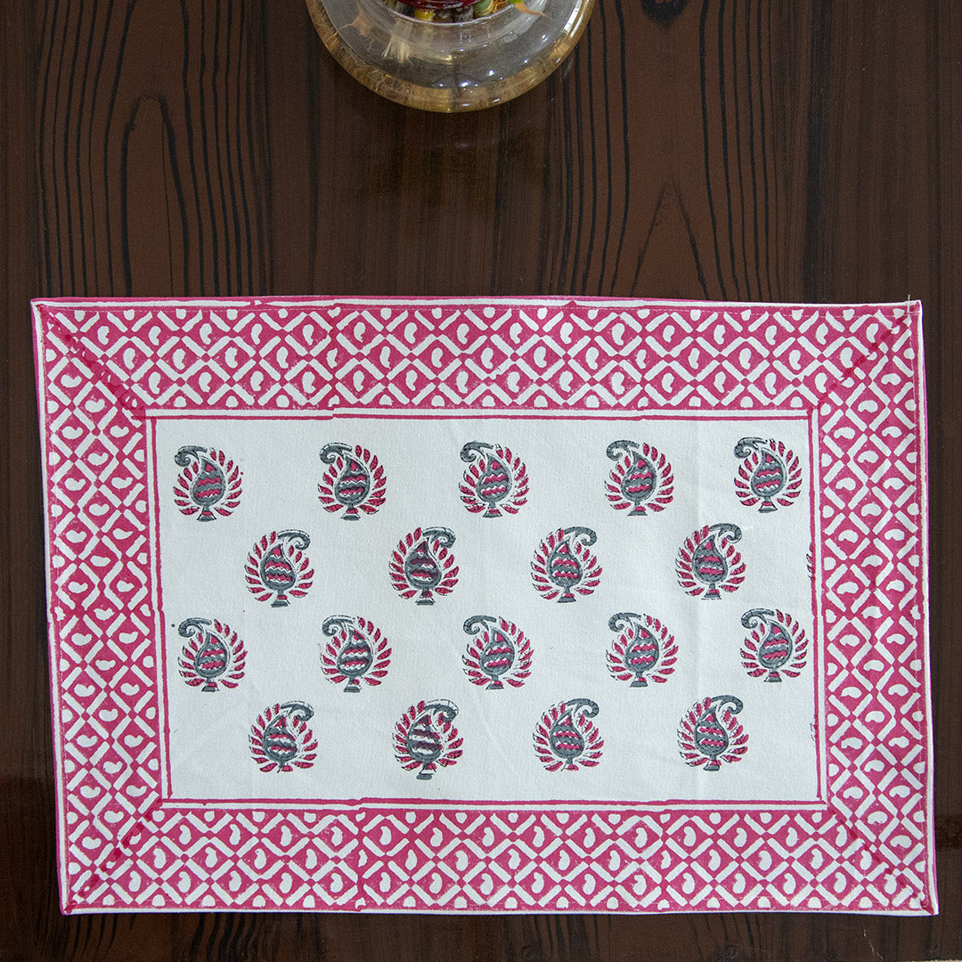Canvas Table Mat and Napkin Pink Green Leaf Block Print 1 (6692713988195)