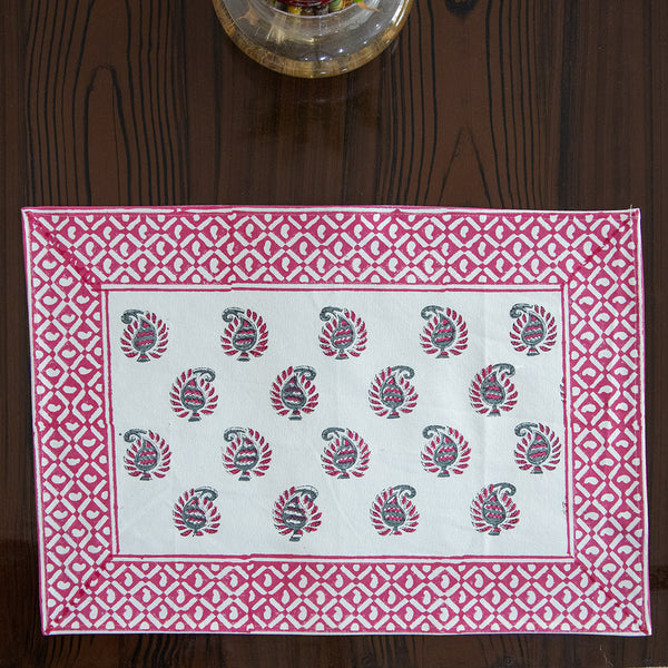 Canvas Table Mat and Napkin Pink Green Leaf Block Print 1 (6692713988195)