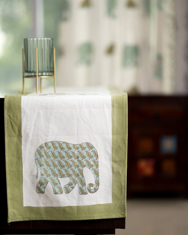 Canvas Table Runner Green Elephant Block Print (6802544296035)