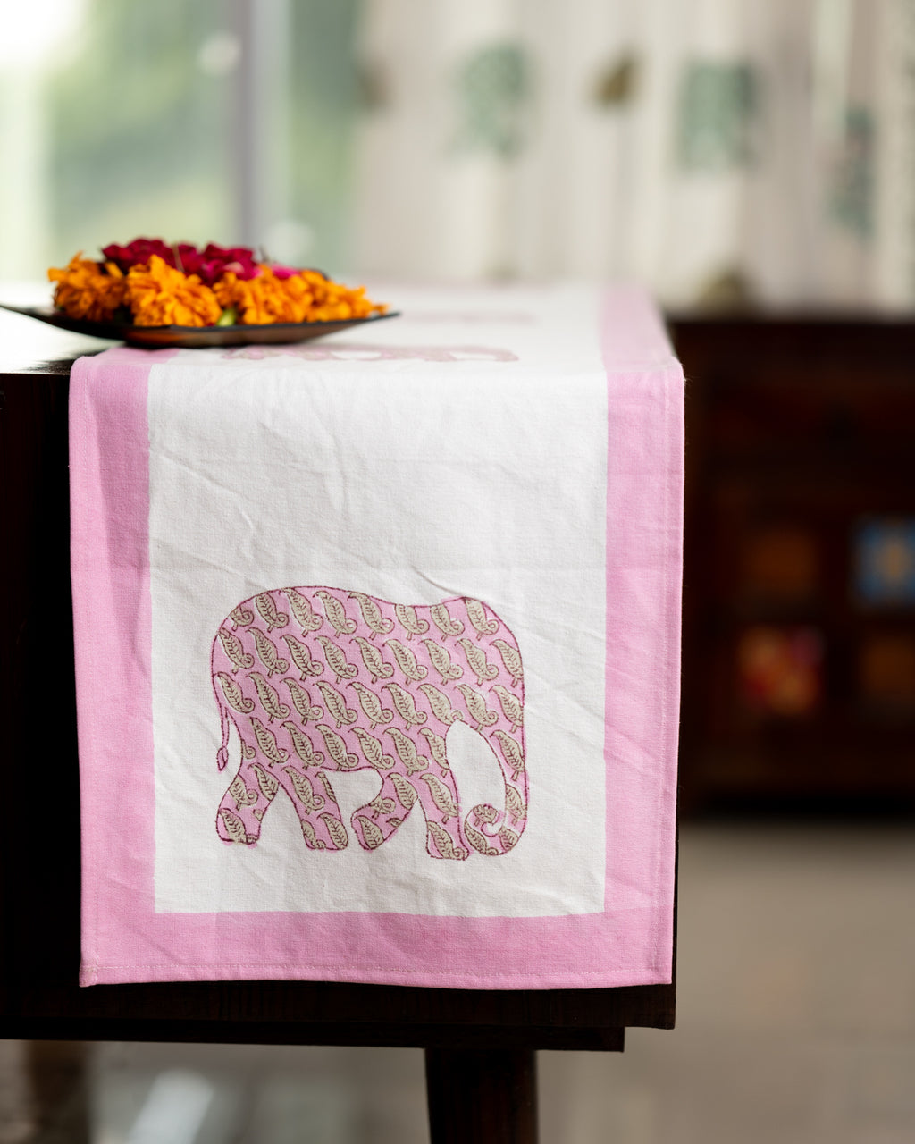 Canvas Table Runner Pink Elephant Block Print