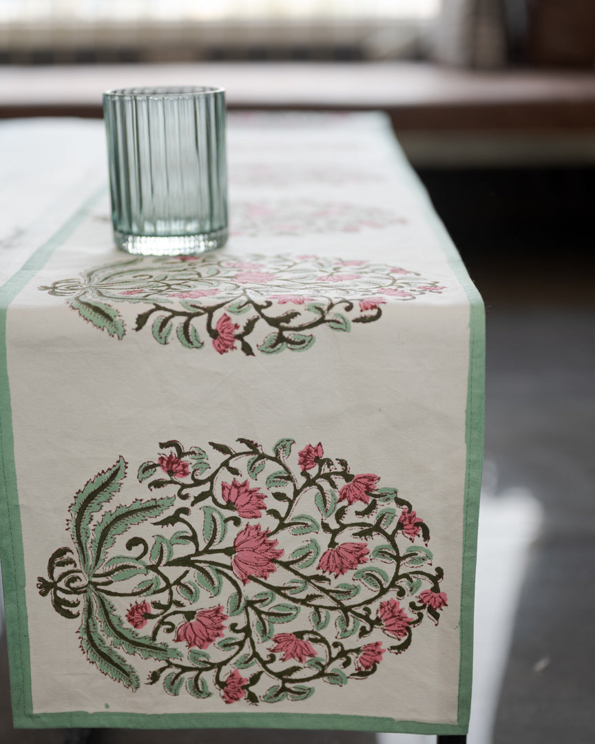 Canvas Table Runner Pink Green Guldasta Block Print (6744323358819)