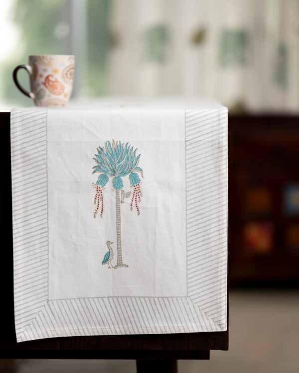 Canvas Table Runner Grey Turquoise Tree Motifs Block Print (6802544689251)