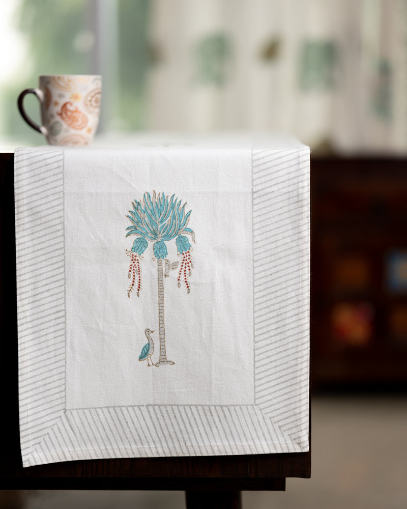 Canvas Table Runner Grey Turquoise Tree Motifs Block Print (6802544689251)