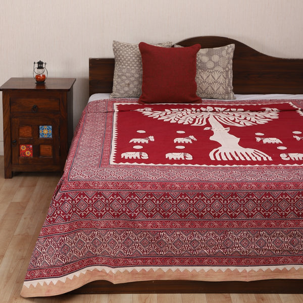 Cotton Ajrakh Print Tree Applique Maroon Bed Cover (1487162933347)