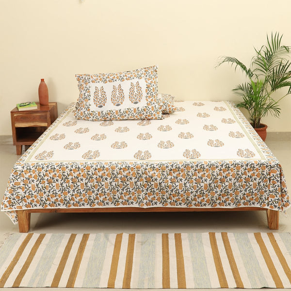 Cotton Double Bedsheet Orange Grey Floral Boota Block Print 1 (4480763723875)