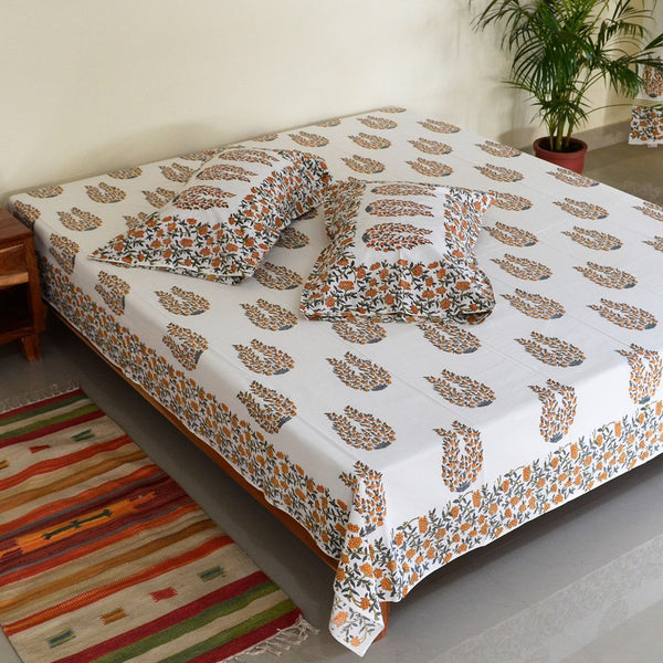 Cotton Double Bedsheet Orange Grey Floral Boota Block Print (4480763723875)