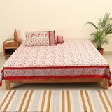 Cotton King Size Bed Sheet White Red Floral Jaal Block Print (4175938551907)