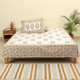 Cotton King Size Bedsheet Orange Grey Floral Boota Block Print 1 (4496984637539)