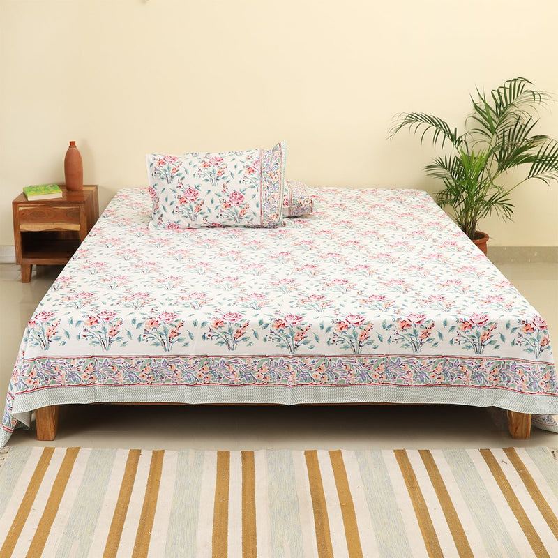 Cotton King Size Bed Sheet White Pink Rose Block Print (4175938584675)
