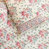 Cotton King Size Bed Sheet White Pink Rose Block Print 1 (4175938584675)
