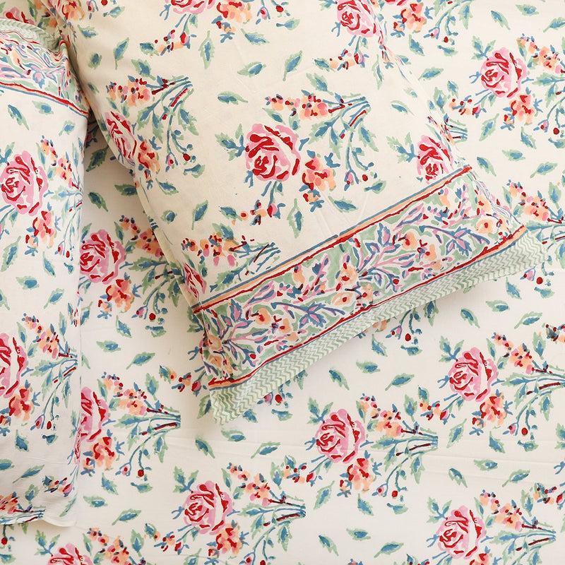 Cotton King Size Bed Sheet White Pink Rose Block Print 1 (4175938584675)