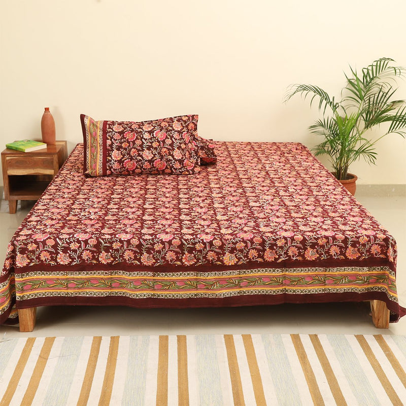Cotton King Size Bed Sheet Maroon Pink Floral Block Print (4175938617443)