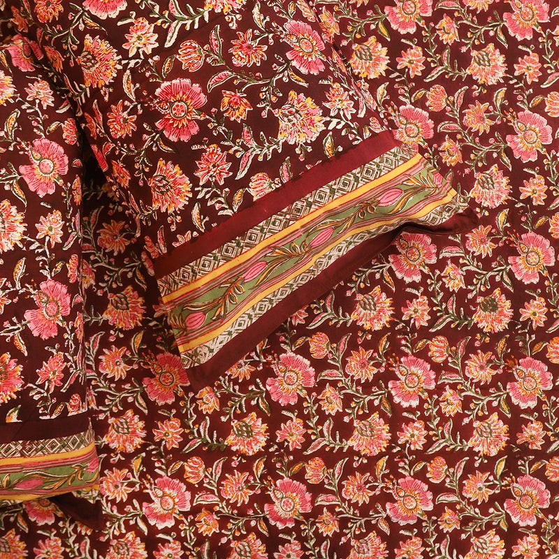 Cotton King Size Bed Sheet Maroon Pink Floral Block Print 1 (4175938617443)