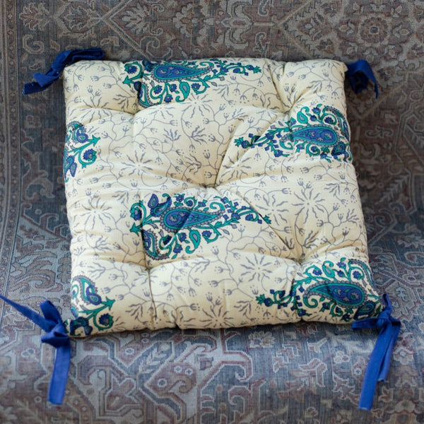 Cotton Chair Cushion Square Sea Green Blue Paisley Print