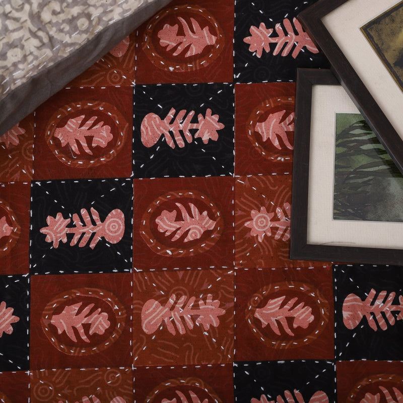 Cotton Kantha Work Bedcover Brown Red Leaf Block Print (1466043367523)