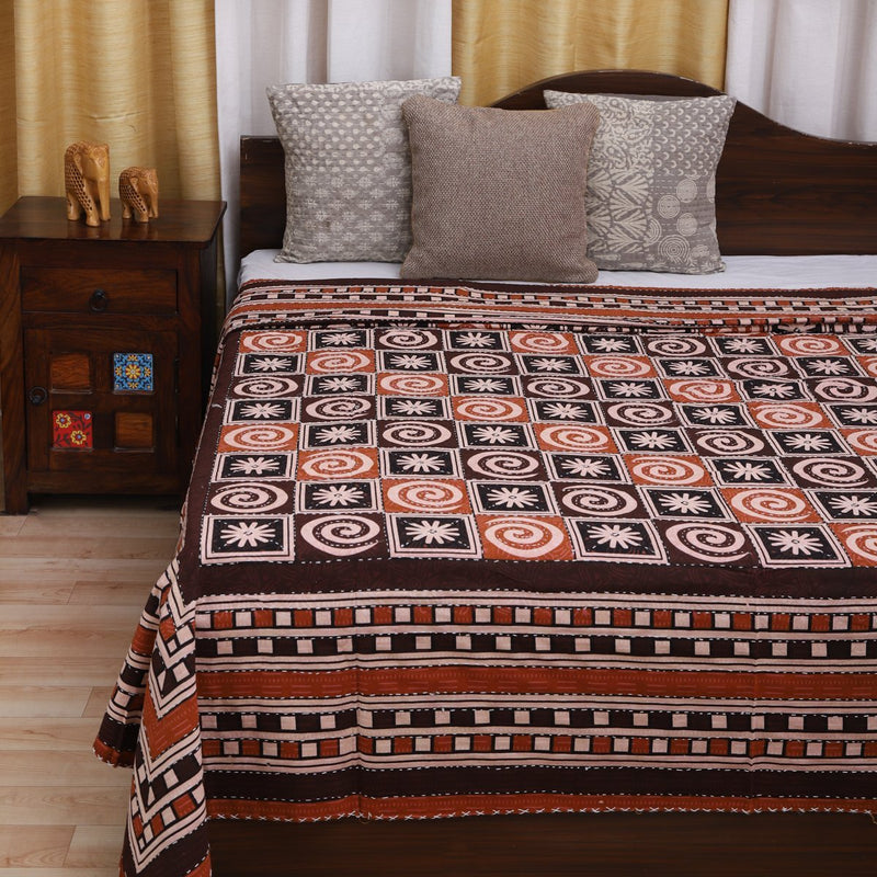 Cotton Kantha Work Bedcover Brown Red Geometric Block Print (1466043531363)