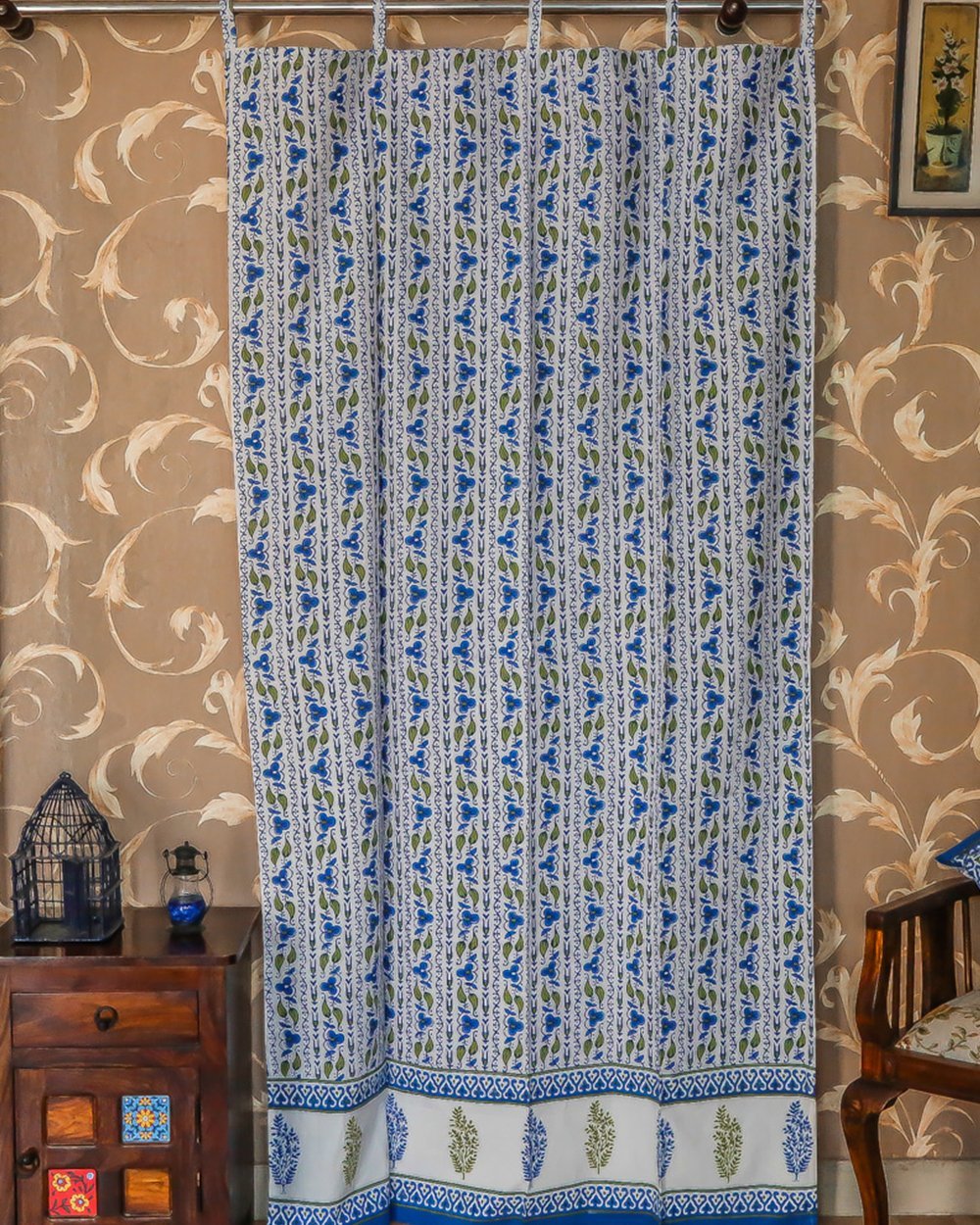 Cotton Curtains White Blue Bel Block Print  (4776659615843)