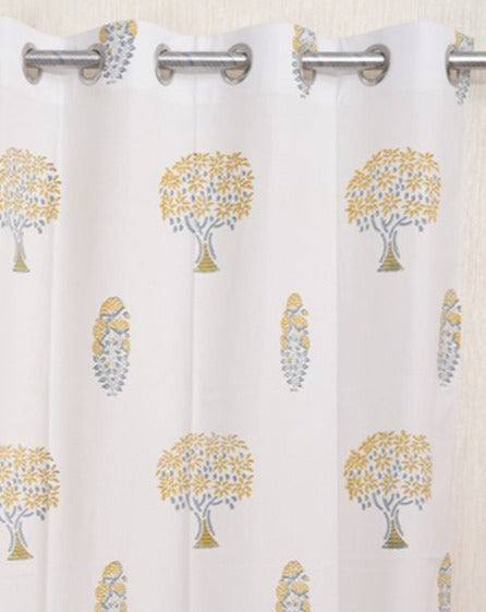 Cotton Curtain Yellow Grey Mango Tree Block Print