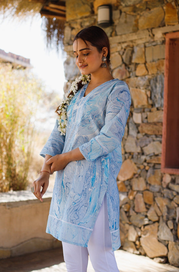 Blue Foil Cotton Short Kurta