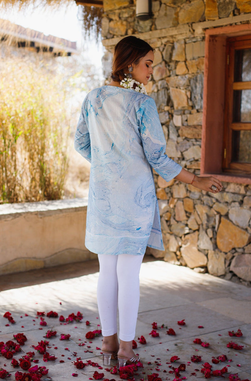 Blue Foil Cotton Short Kurta