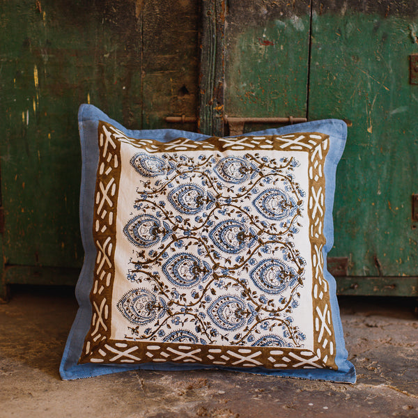 Cotton Cushion Cover Grey Brown Leaf Jaal Block Print
