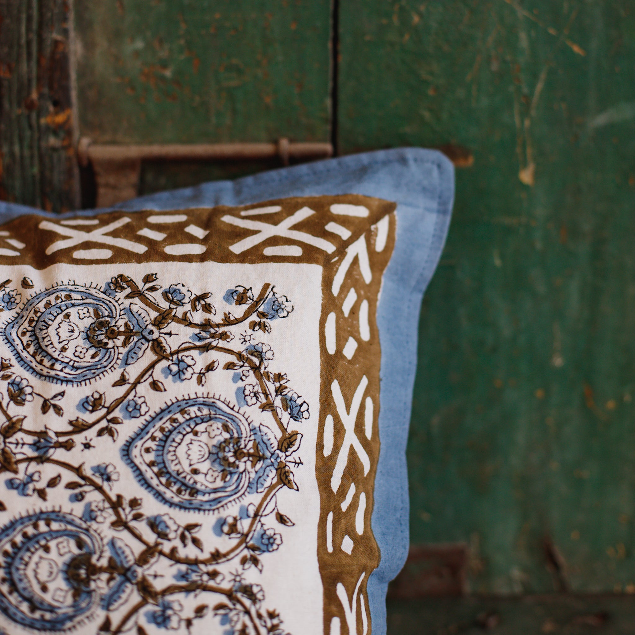 Cotton Cushion Cover Grey Brown Leaf Jaal Block Print