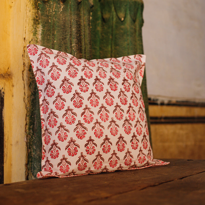 Cotton Cushion Cover Grey Pink Booti Block Print