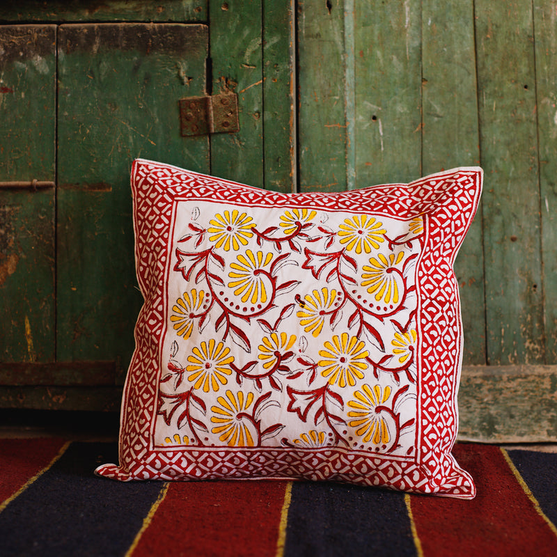 Cotton Cushion Cover Yellow Maroon Floral Jaal Block Print