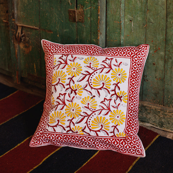 Cotton Cushion Cover Yellow Maroon Floral Jaal Block Print