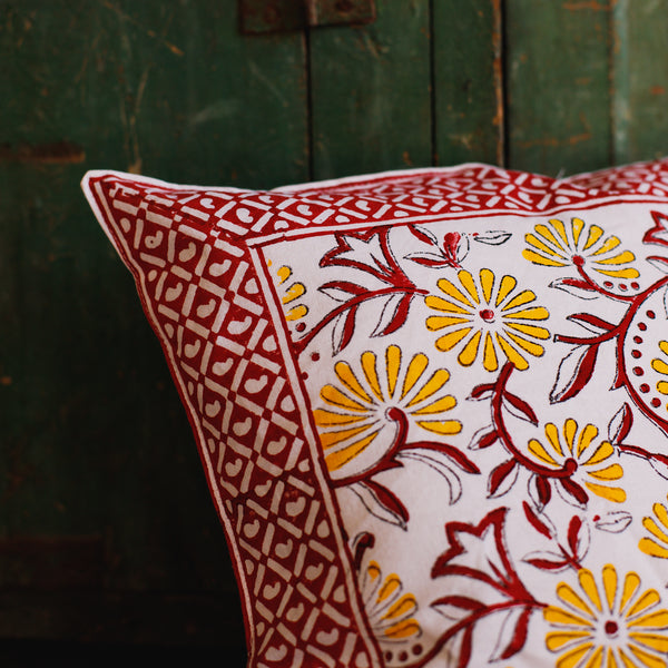 Cotton Cushion Cover Yellow Maroon Floral Jaal Block Print