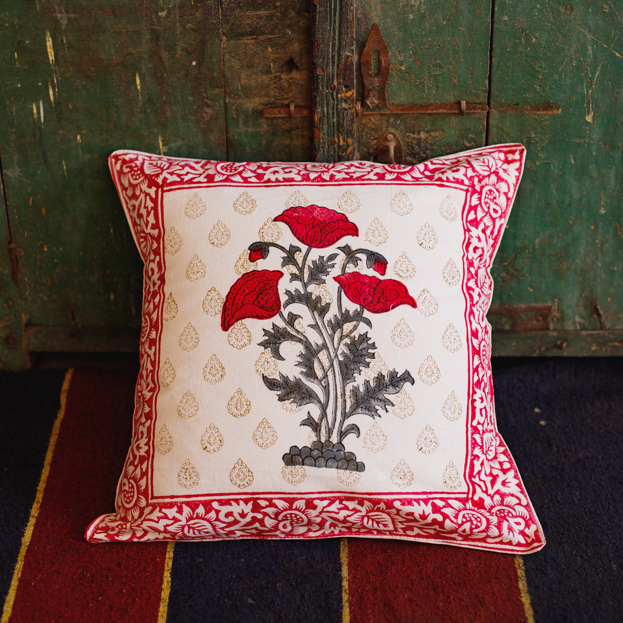 Cotton Cushion Cover Pink Grey Tulip Boota Block Print 16 x 16 Inch