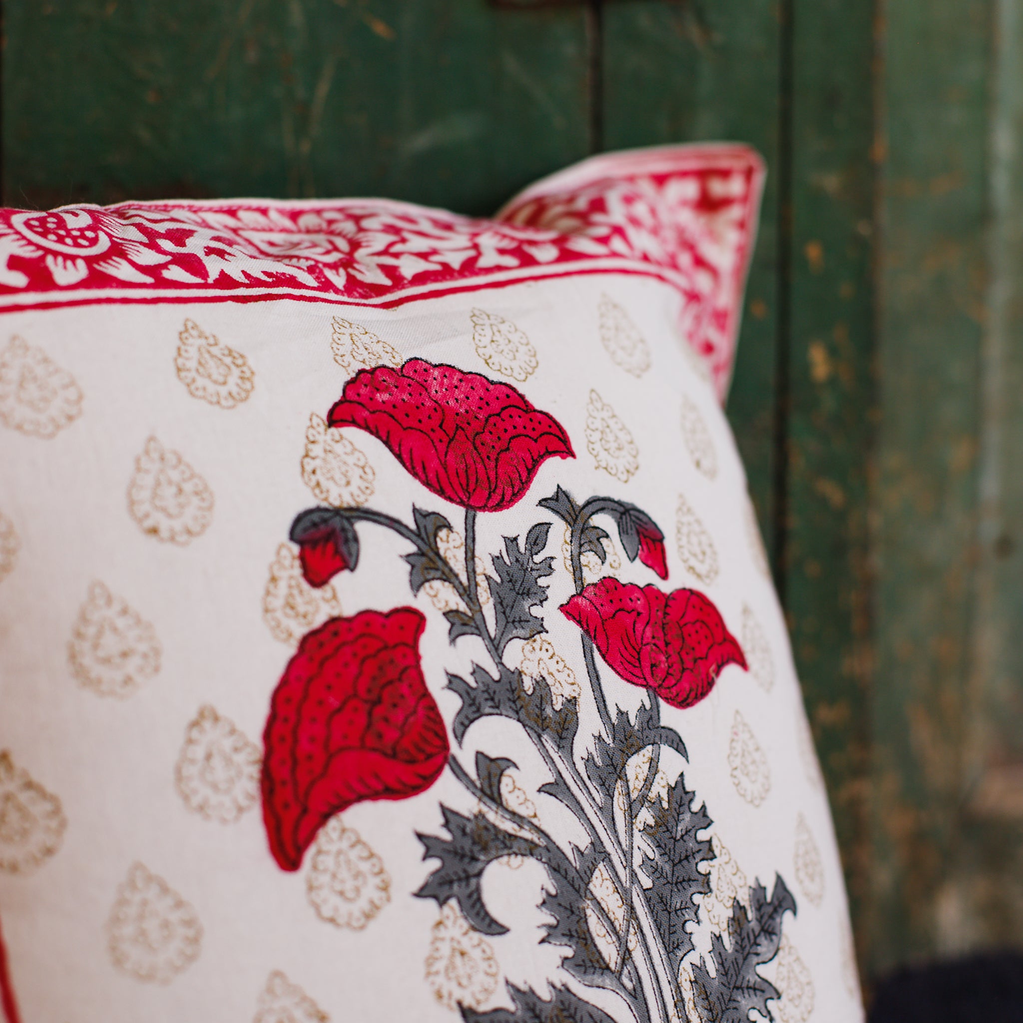 Cotton Cushion Cover Pink Grey Tulip Boota Block Print 16 x 16 Inch