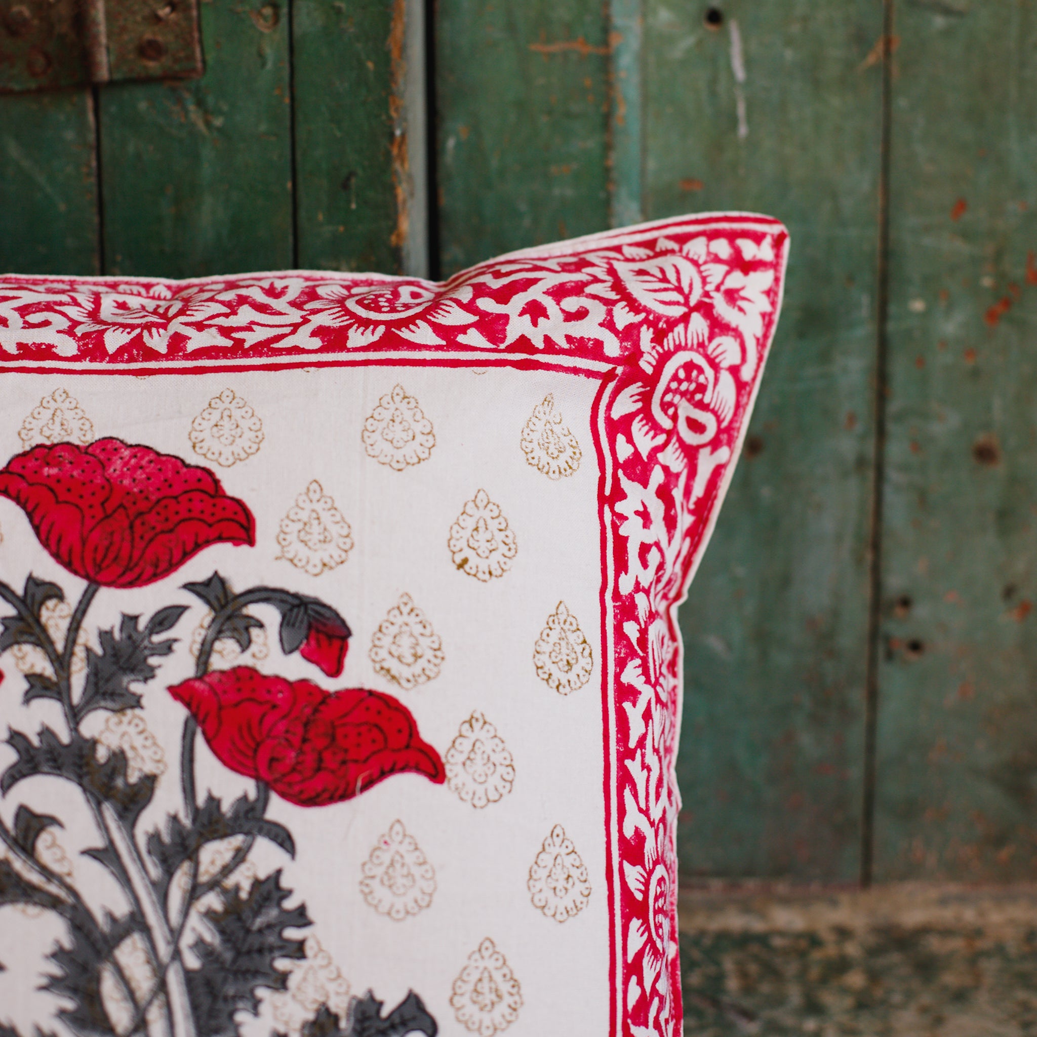 Cotton Cushion Cover Pink Grey Tulip Boota Block Print 16 x 16 Inch