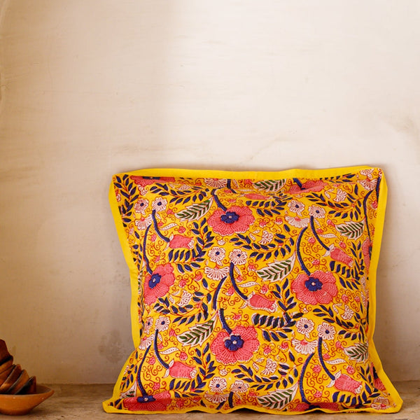 Fine Cotton Cushion Cover Yellow Pink Foral Block Print