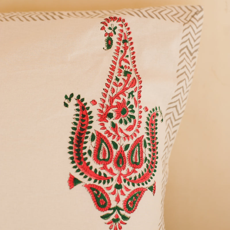 Cotton Cushion Cover Green Pink Paisley Block Print