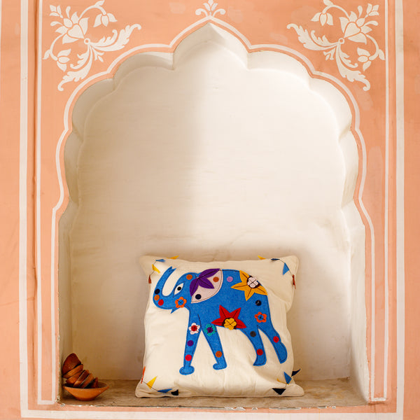 Khadi Cotton Cushion Cover Light Blue Elephant Patchwork 16 x 16 inch