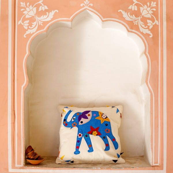 Khadi Cotton Cushion Cover Light Blue Elephant Patchwork 16 x 16 inch