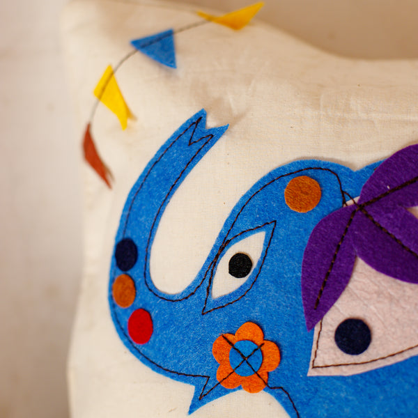 Khadi Cotton Cushion Cover Light Blue Elephant Patchwork 16 x 16 inch