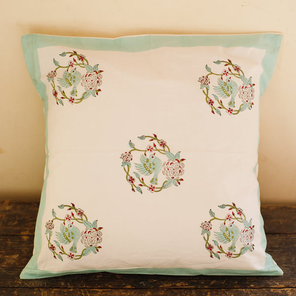 Cotton Cushion Cover Light Green Bird Block Print