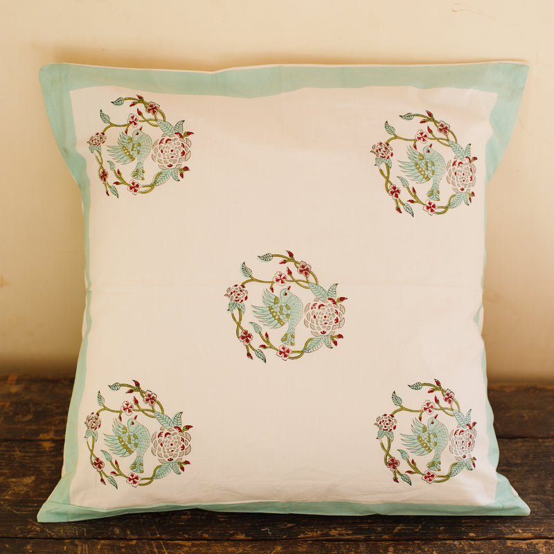 Cotton Cushion Cover Light Green Bird Block Print