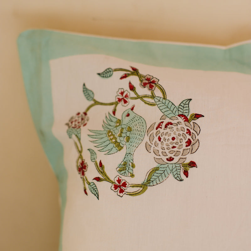 Cotton Cushion Cover Light Green Bird Block Print