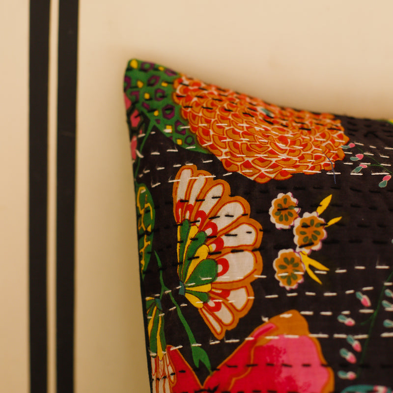 Cotton Cushion Cover Black Floral Kantha Work