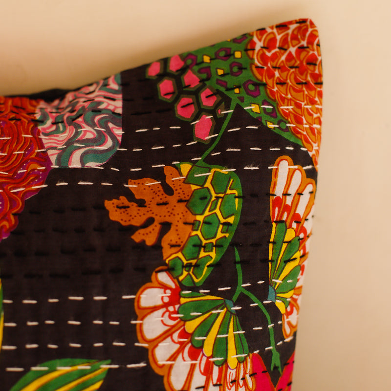 Cotton Cushion Cover Black Floral Kantha Work
