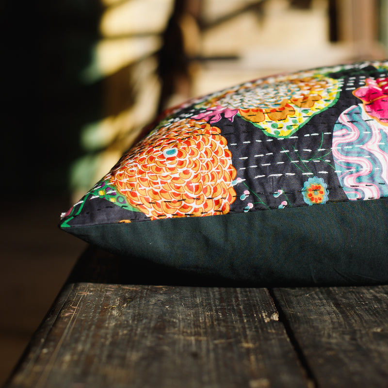 Cotton Cushion Cover Black Floral Kantha Work
