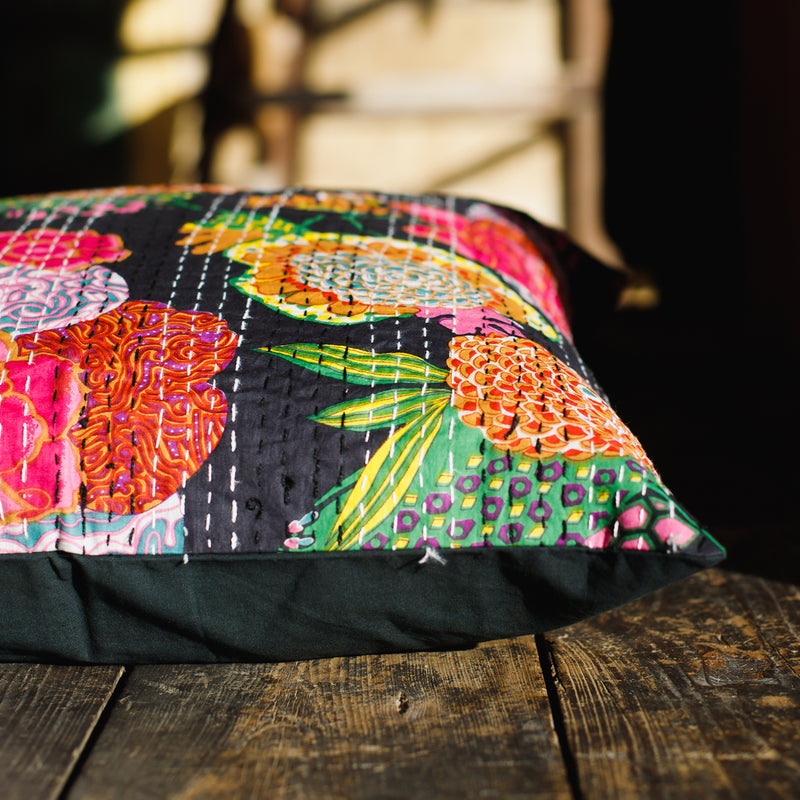 Cotton Cushion Cover Black Floral Kantha Work