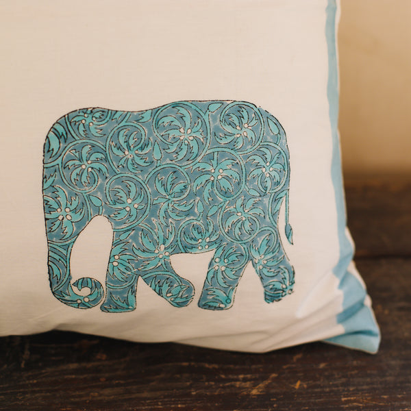 Cotton Cushion Cover Turquoise Elephant Block Print